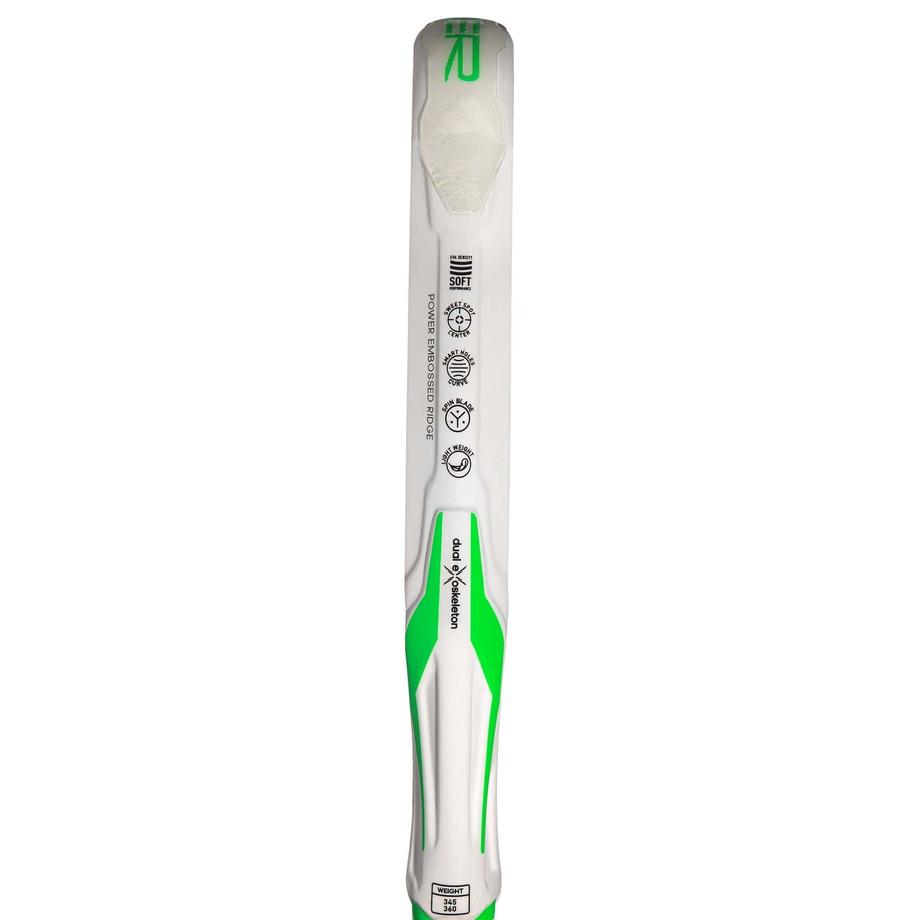 A white and green cricket bat shown from the back features lightweight construction with black adidas logos along the spine, reminiscent of the control in the ADIDAS Adipower Light 3.3 Padel Racket. Some text appears near the bottom.