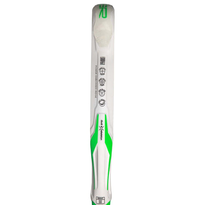 A white and green cricket bat shown from the back features lightweight construction with black adidas logos along the spine, reminiscent of the control in the ADIDAS Adipower Light 3.3 Padel Racket. Some text appears near the bottom.