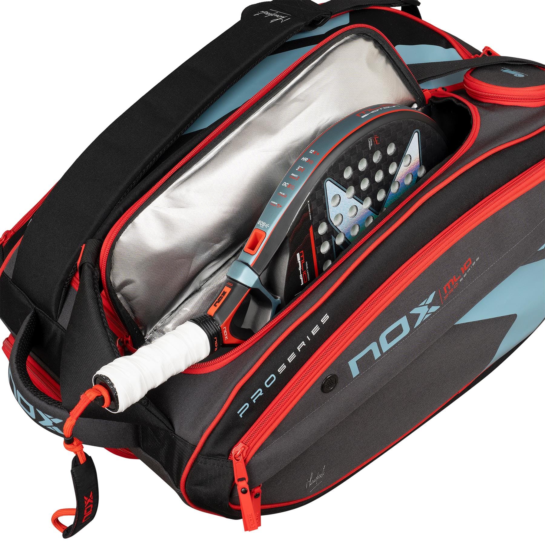 A partially unzipped NOX ML10 Team Padel Racket Bag - Black / Clay reveals a padel racket with a white grip and blue details inside. The black and gray bag features red accents and “Nox” branding from the Pro Series.