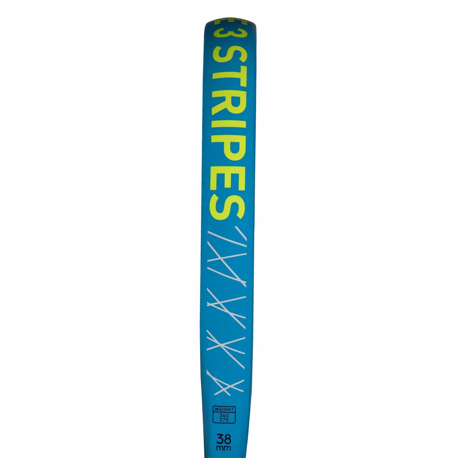 A close-up of the adidas ADIDAS Drive 3.3 Blue Padel Racket shows “3 STRIPES” in yellow with white tally marks, and “38 mm” thickness at the bottom—ideal as a beginner padel racket for superb control.