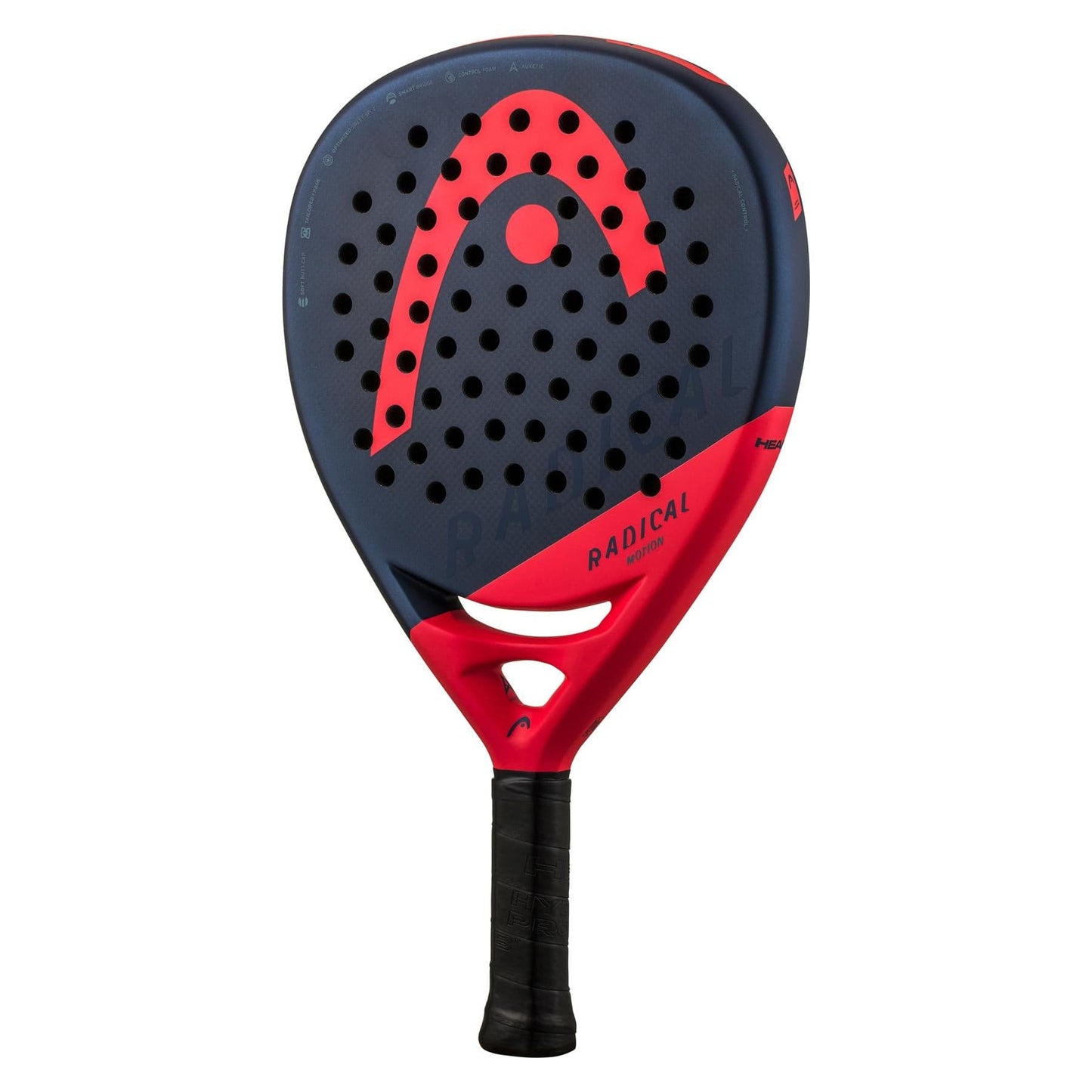 The HEAD Radical Motion 2024 Padel Racket showcases a navy blue and red look with a bold red logo, multiple circular holes, and black grip. Lightweight and powerful, it features advanced Auxetic technology for enhanced control.