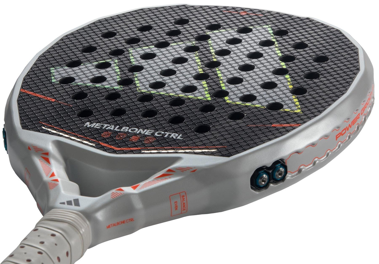 Close-up of the adidas Metalbone Ctrl 2026 padel racket in black and silver, with orange accents, a perforated face, "METALBONE CTRL" label, and an adjustable weight system with screws near the base.