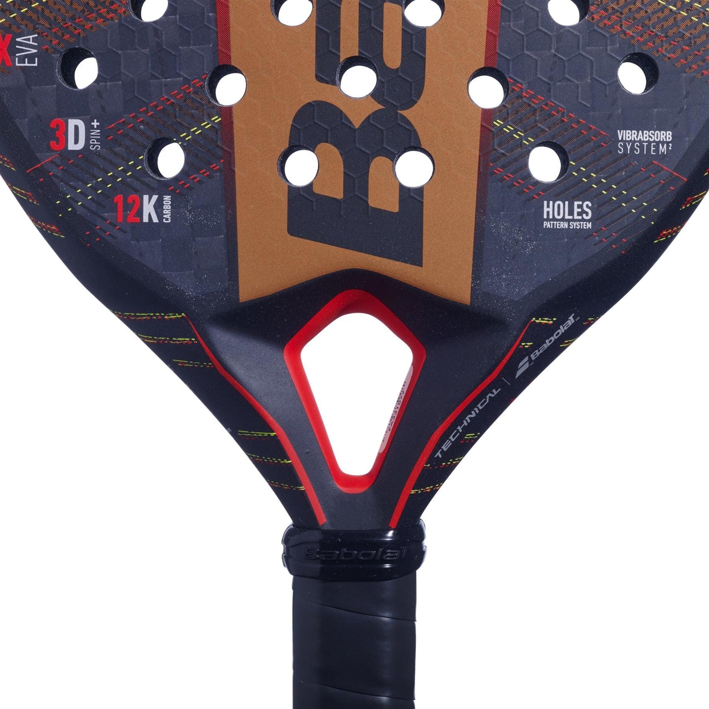 Close-up of the Babolat Technical Viper Padel Racket by Babolat, displaying its patterned face, circular holes, and text emphasizing features like 3D Spin, 12K carbon, vibration dampening, and Holes Pattern System for enhanced power and spin.