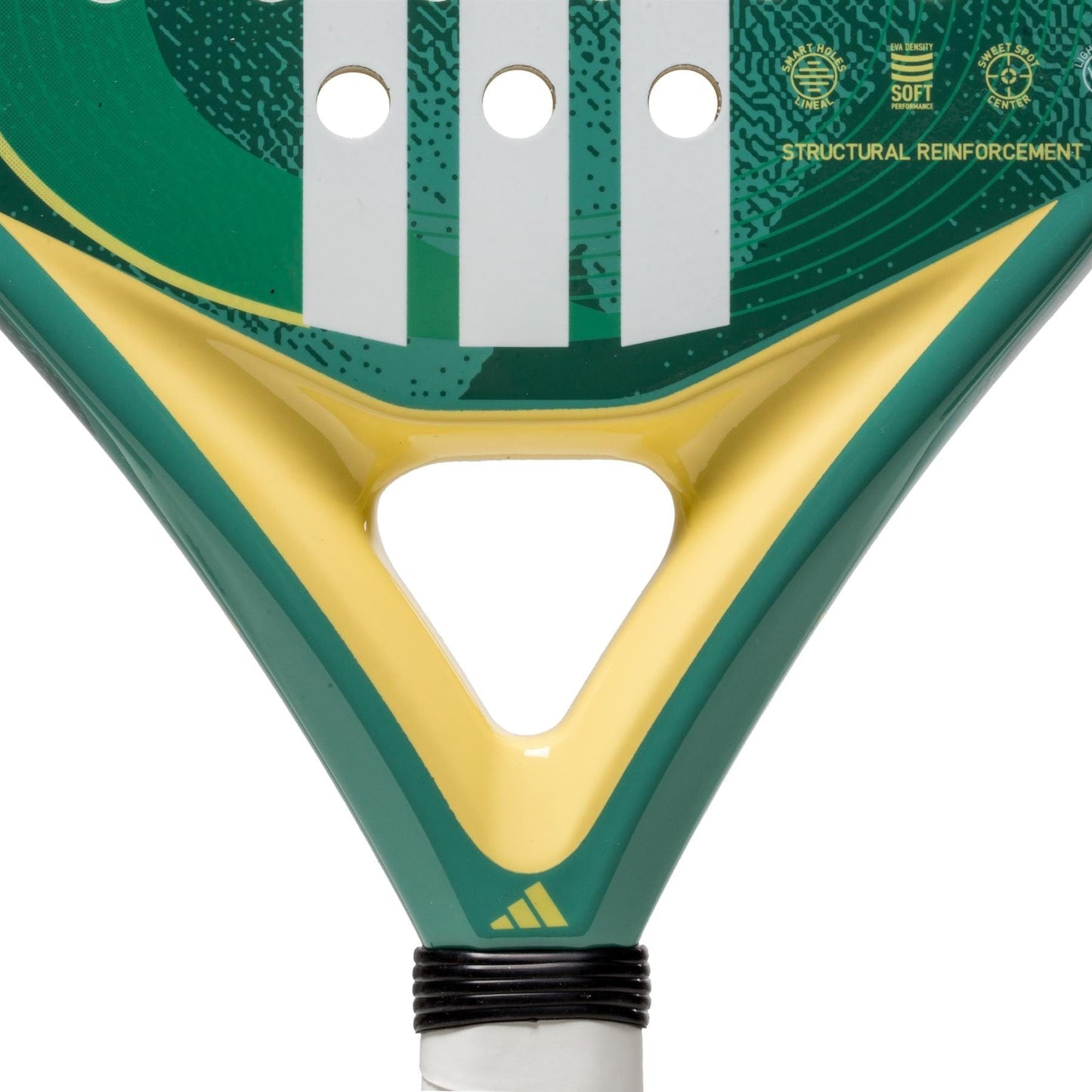 Close-up of the lightweight adidas Drive Light 3.4 Padel Racket, showing three white stripes, a central triangular cutout, and wrapped handle. The beginner racket features "STRUCTURAL REINFORCEMENT" text on its surface.