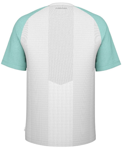 The back view of the HEAD Performance Men's Padel T-Shirt - XPAQ displays white and light teal panels, features Moisture Transfer Microfiber for breathability and comfort, and an embossed HEAD logo.