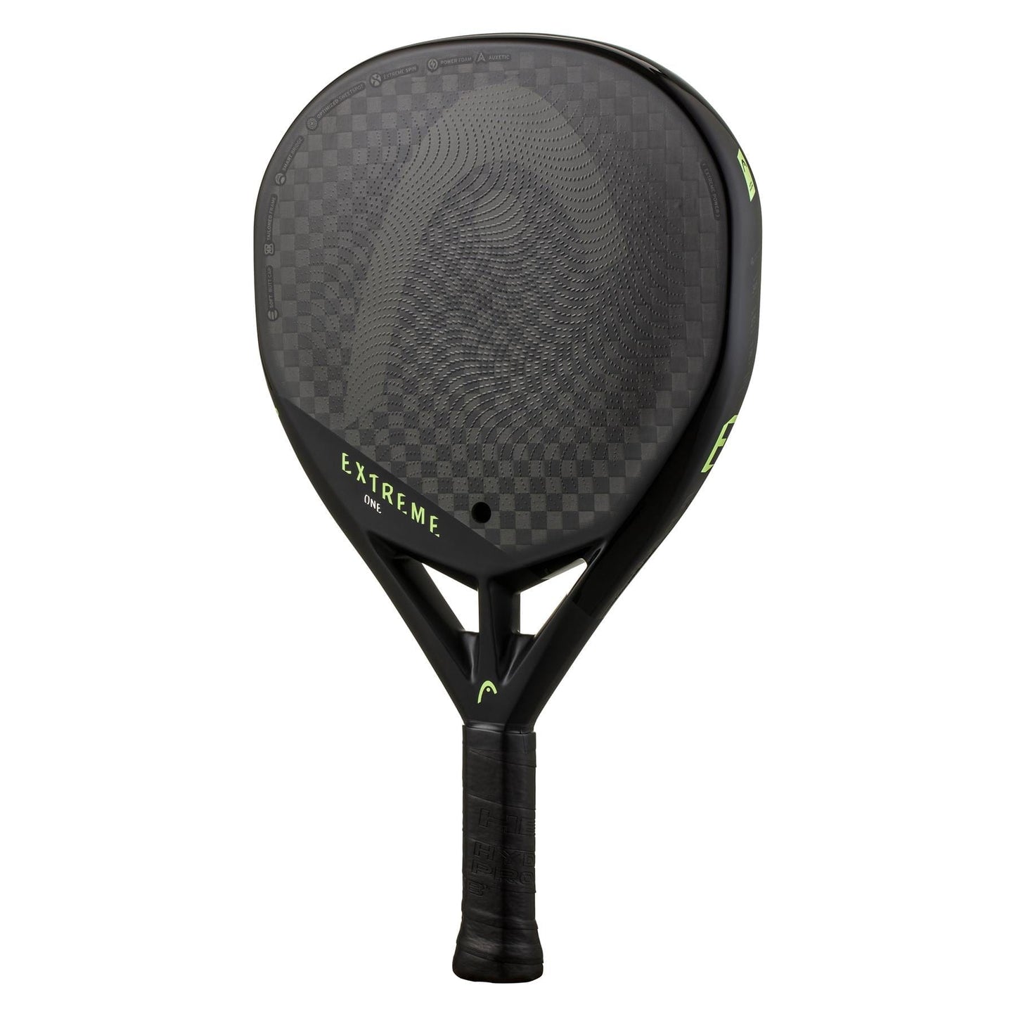 The HEAD Extreme One 2023 Padel Racket by HEAD is lightweight with a black checkered 12K carbon surface, green "EXTREME" on the face, and a black handle featuring a subtle green logo near the throat.