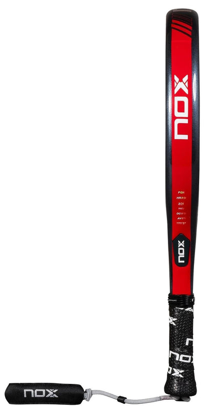 The NOX Equation Light W Advance Series padel racket features a black and red design, black handle, wrist strap, white cord, and prominent NOX branding—perfect for intermediate players.