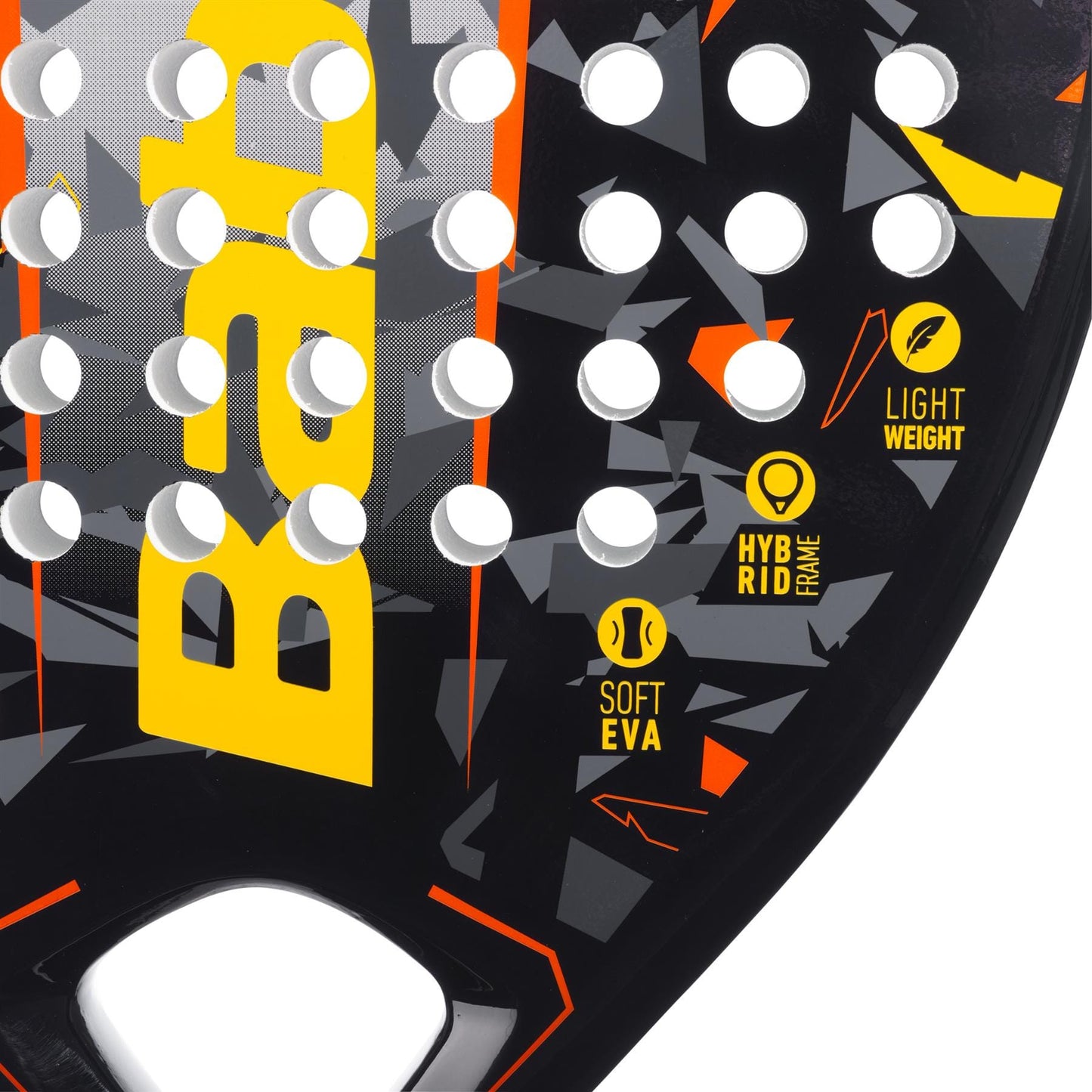 Close-up of the teardrop-shaped Babolat Storm Padel Racket by Babolat, designed for beginners, featuring yellow and orange graphics, circular holes, and icons for "Light Weight," "Hybrid Frame," and "Soft EVA.