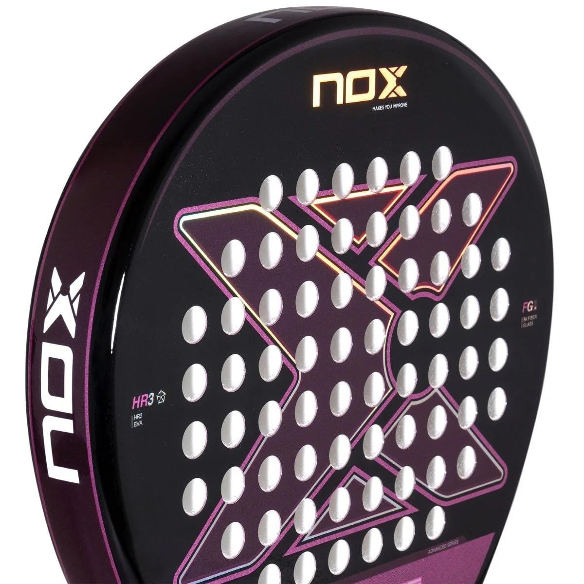 Close-up of the NOX X-One Silhouette Advance Series Padel Racket, showing its black and purple design with a bold "X" graphic and circular holes—perfect for beginner and intermediate players.
