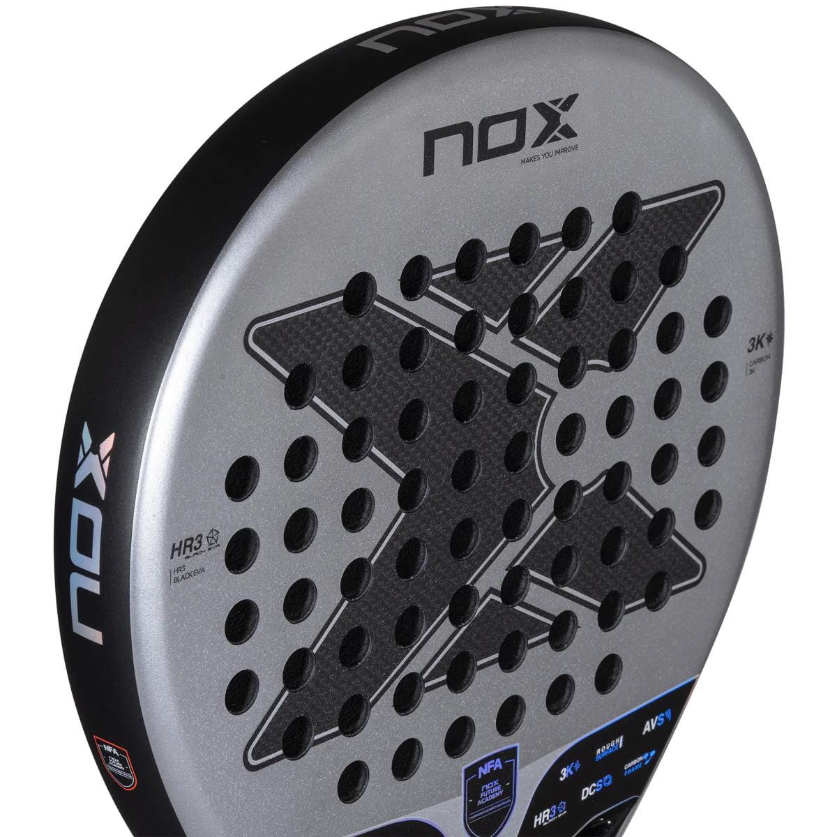 Close-up of the NOX NFA Nextgen Pro Hybrid 3K Padel Racket, featuring a black and silver design. The carbon 3K face shows a large "X" pattern, holes, NOX branding, logo, and technical specs.