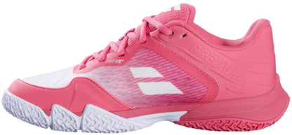 The Babolat Premura 3 Women's Padel Shoes - Sun Kissed Coral feature a pink and white design, textured sole, pink laces, and white branding. Made by Babolat from mesh and synthetic materials, they're ideal for padel or tennis.