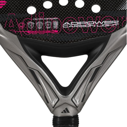 Close-up of the adidas ADIDAS Adipower Carbon Light 3.4 Padel Racket throat shows black, silver, and pink design, “Adipower Carbon Ctrl” text, and adidas logo at the base of this lightweight padel racket.