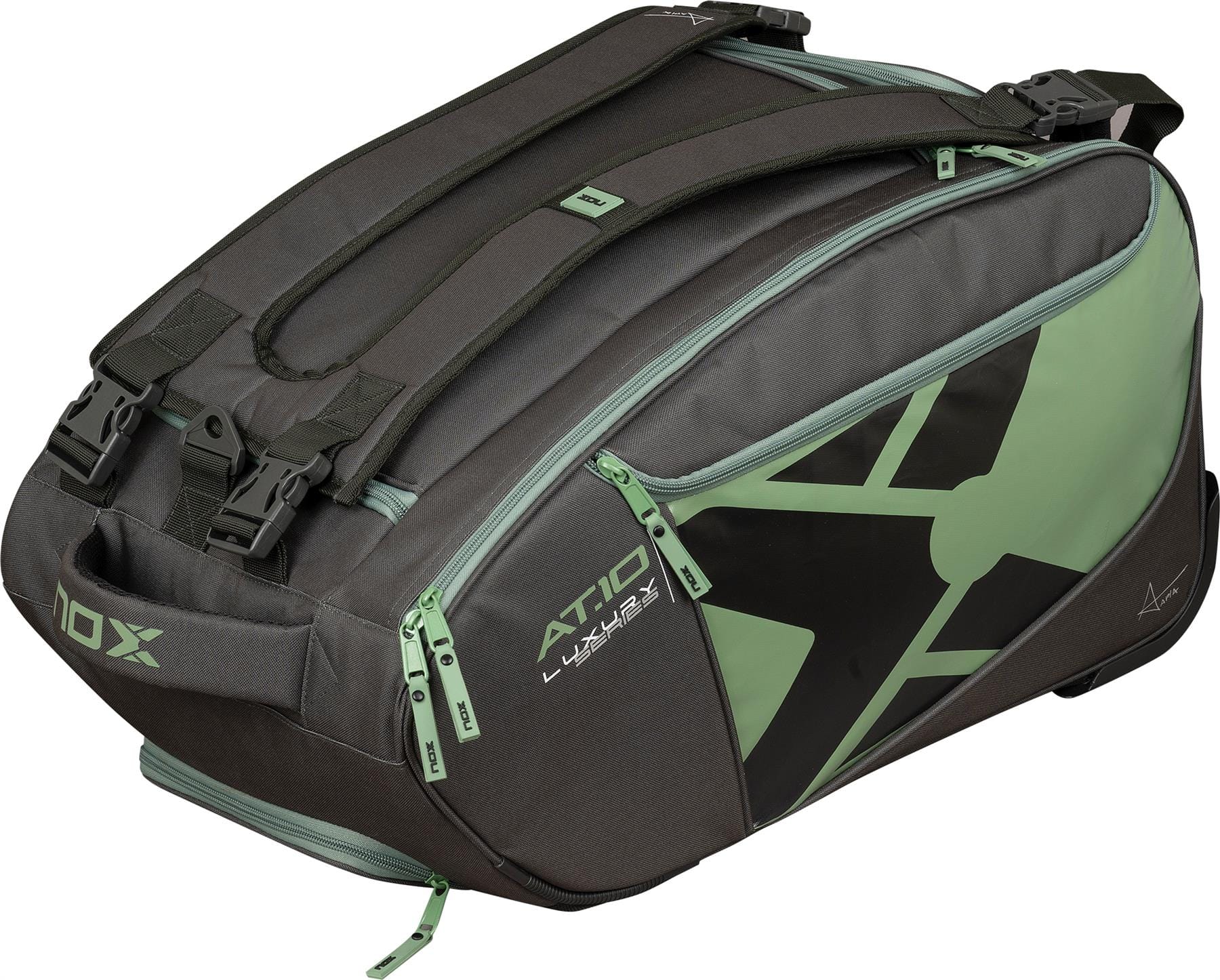 The NOX AT10 Competition Trolley Padel Racket Bag in black and green features shoulder straps, multiple zippered compartments, wheels for easy transport, and a bold stylized “X” design—ideal for padel players.