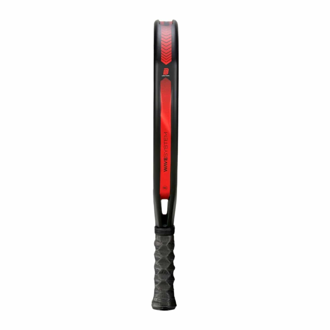 The Bullpadel Xplo 2025 Padel Racket by Bullpadel features black and red accents, a slim frame, and a textured grip handle, shown side-on against a white background.