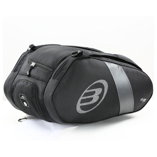 The Bullpadel Neuron 25 Padel Racket Bag is a black motorcycle tail bag with silver accents and a logo on the side, featuring multiple zippered compartments and an aerodynamic design, set against a plain white background.