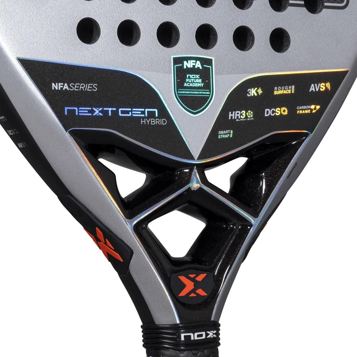 Close-up of the NOX NFA Nextgen Pro Hybrid 3K Padel Racket, showcasing the NOX logo, product details, carbon 3K construction, and technical specs on its sleek silver and black face.