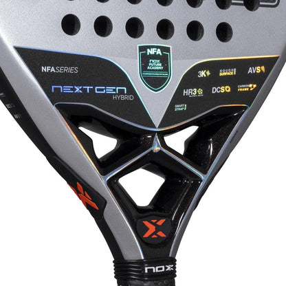 Close-up of the NOX NFA Nextgen Pro Hybrid 3K Padel Racket, showcasing the NOX logo, product details, carbon 3K construction, and technical specs on its sleek silver and black face.