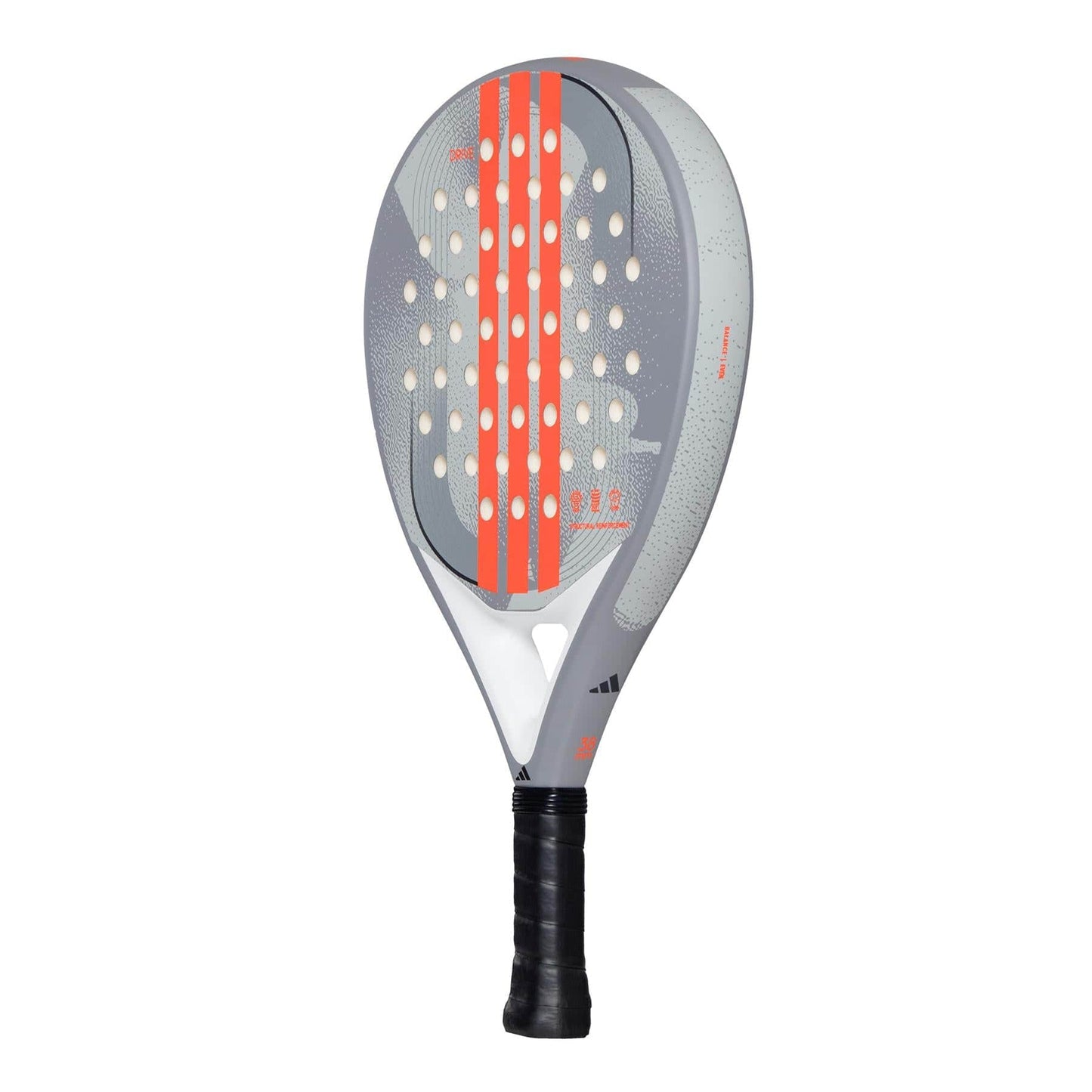 The adidas ADIDAS Drive Grey 3.4 Padel Racket, featuring a gray and white design with orange accents, circular holes in the center, and a black grip handle, is shown on a plain white background.
