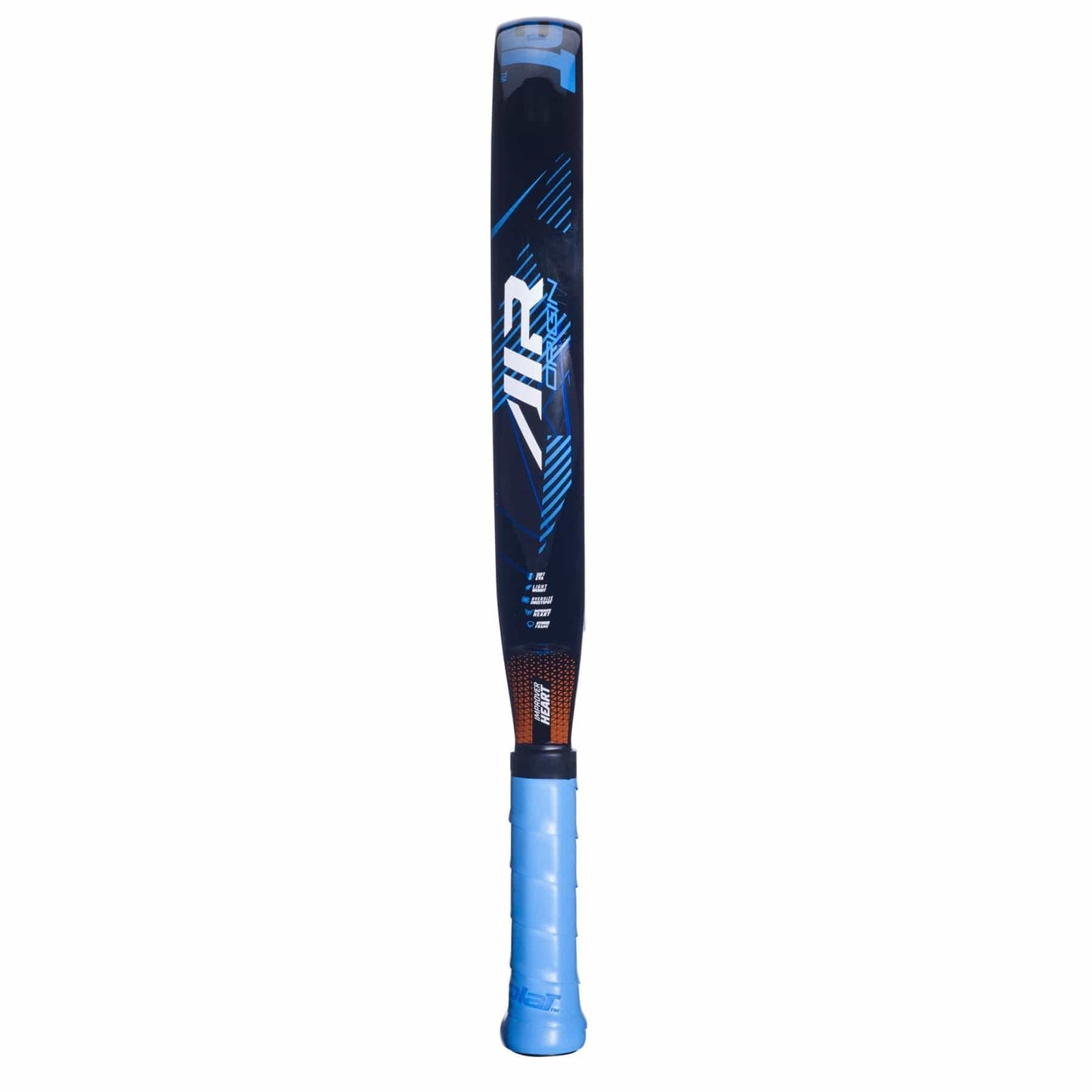 The Babolat Air Origin Padel Racket by Babolat features a blue and black design with a blue grip, plus striking white and blue graphics—ideal for padel enthusiasts or beginners seeking their first padel racket.