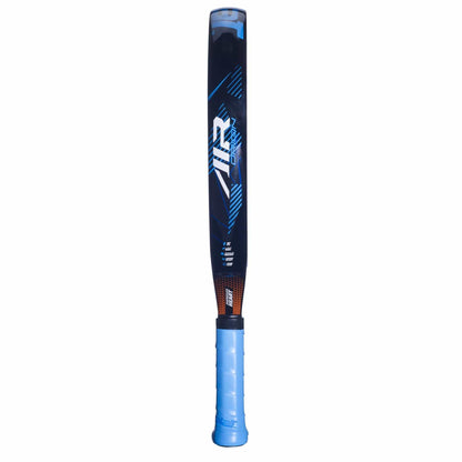 The Babolat Air Origin Padel Racket by Babolat features a blue and black design with a blue grip, plus striking white and blue graphics—ideal for padel enthusiasts or beginners seeking their first padel racket.