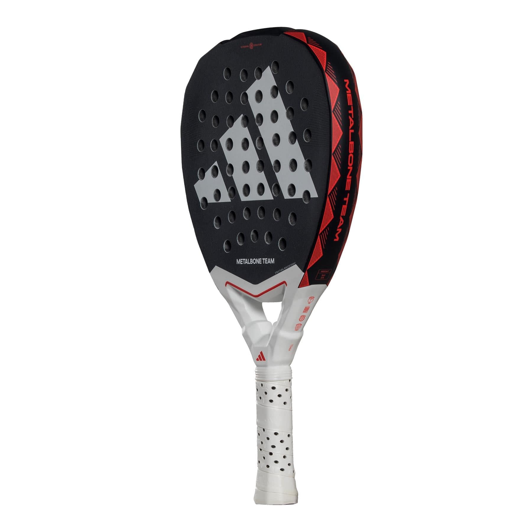 The adidas Metalbone Team 3.4 Padel Racket features a black, red, and white design with perforated holes, "METALBONE TEAM" branding, and a white handle with black grip dots—perfect for aggressive court play.