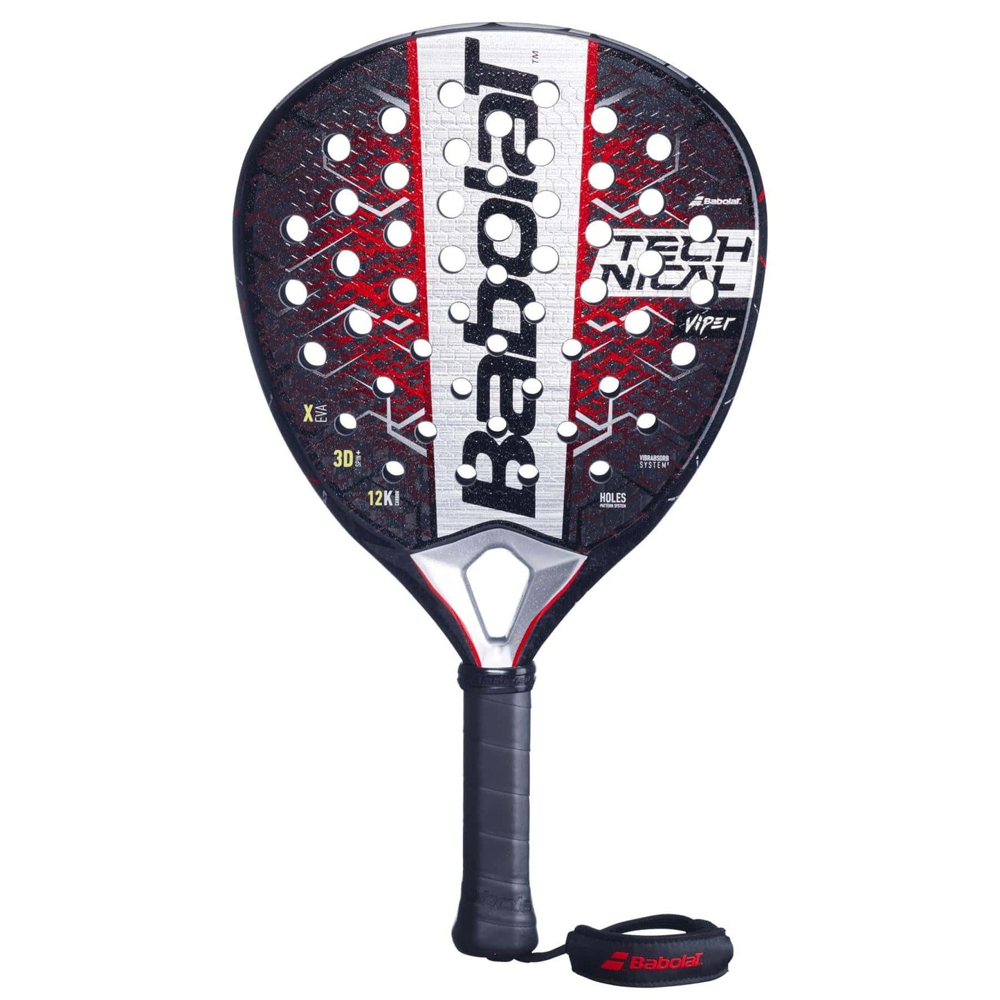 The Babolat Technical Viper 2.5 Padel Racket is made for technical strikers, featuring a bold black, red, and white design with circular holes, a black handle with wrist strap, and prominent Babolat branding across the face.