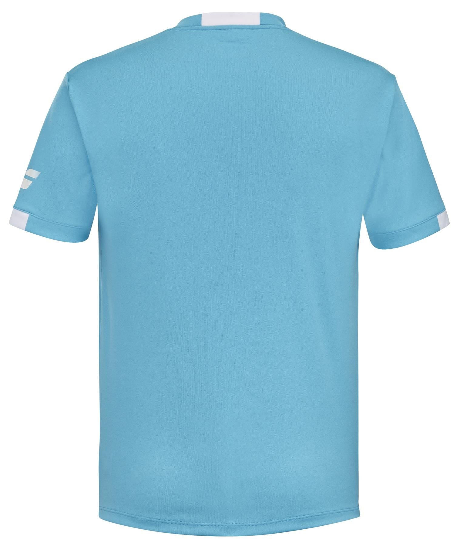 The image showcases the back of a cyan blue Babolat Play Men's Crew Neck Padel T-Shirt, featuring short sleeves with white accents near the ends. Crafted from recycled polyester, this plain jersey combines eco-friendly style with comfort thanks to its Fiber Dry technology.