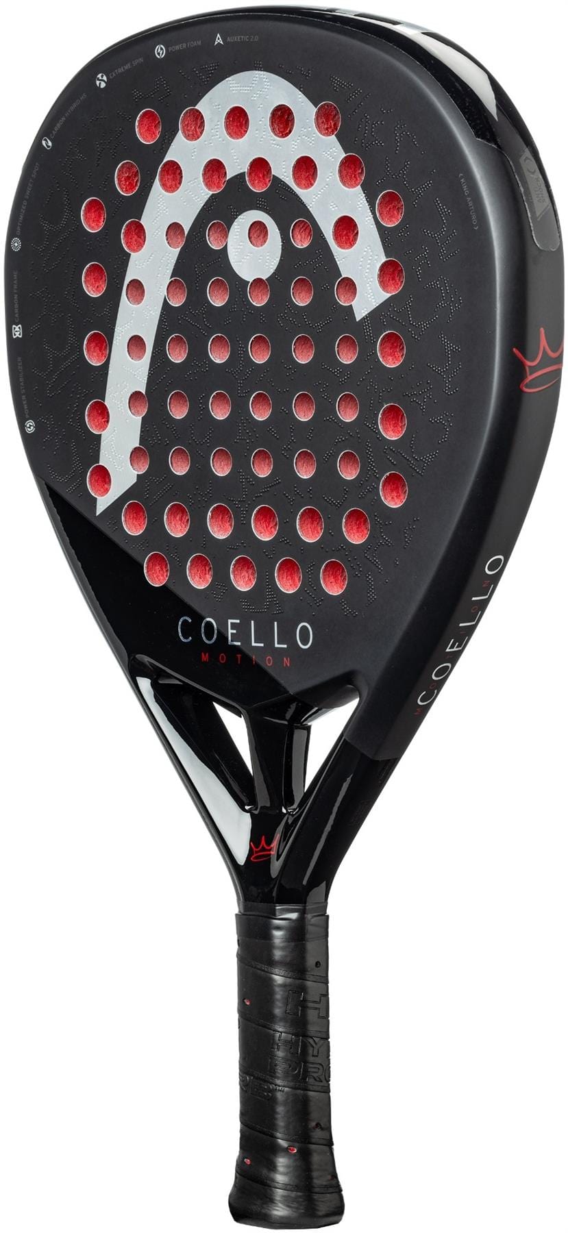 The HEAD Coello Motion 2025 Padel Racket by HEAD is black with red dots and features Extreme Spin technology.