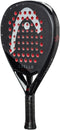 The HEAD Coello Motion 2025 Padel Racket by HEAD is black with red dots and features Extreme Spin technology.