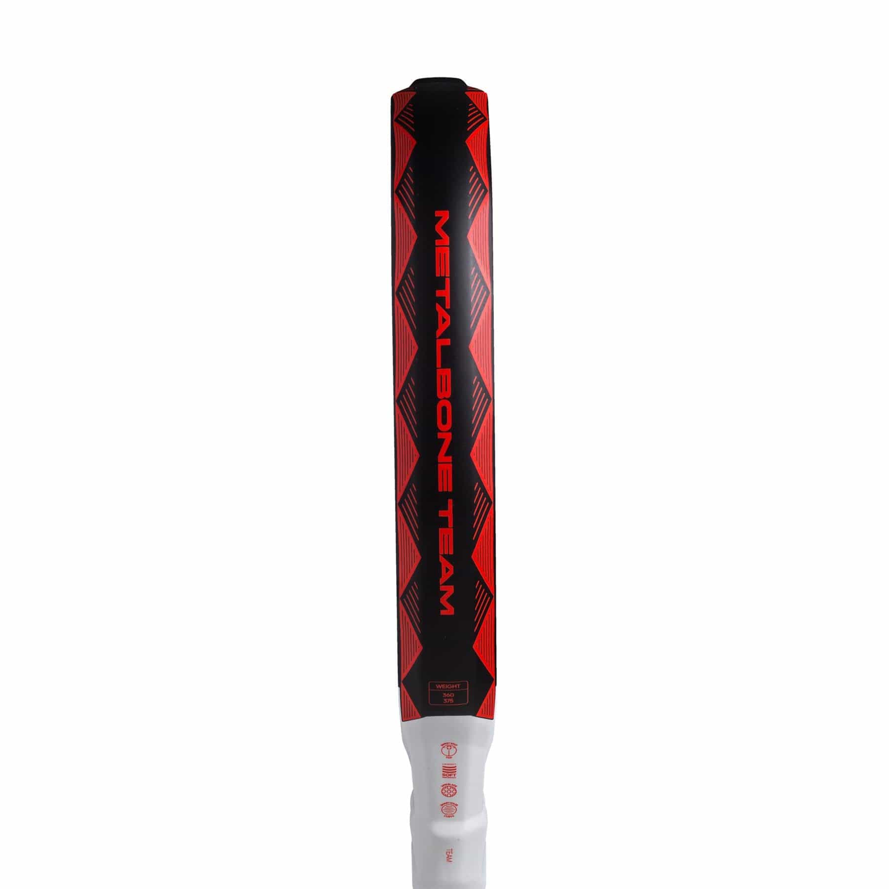 A close-up of the adidas Metalbone Team 3.4 Padel Racket shows its black and red design, bold "METALBONE TEAM" lettering, a white handle, and features built for aggressive play.