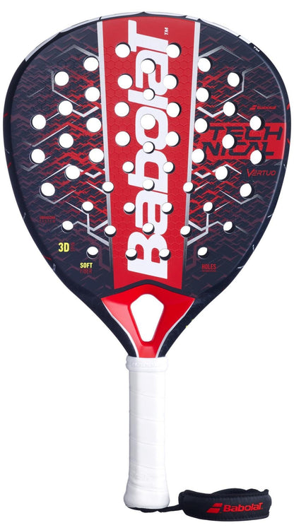 The Babolat Technical Vertuo 2.5 Padel Racket features a black and red design, white grip and wrist strap, multiple holes on the face, and bold vertical "Babolat" branding—ideal for technical strikers.