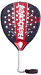 The Babolat Technical Vertuo 2.5 Padel Racket features a black and red design, white grip and wrist strap, multiple holes on the face, and bold vertical "Babolat" branding—ideal for technical strikers.