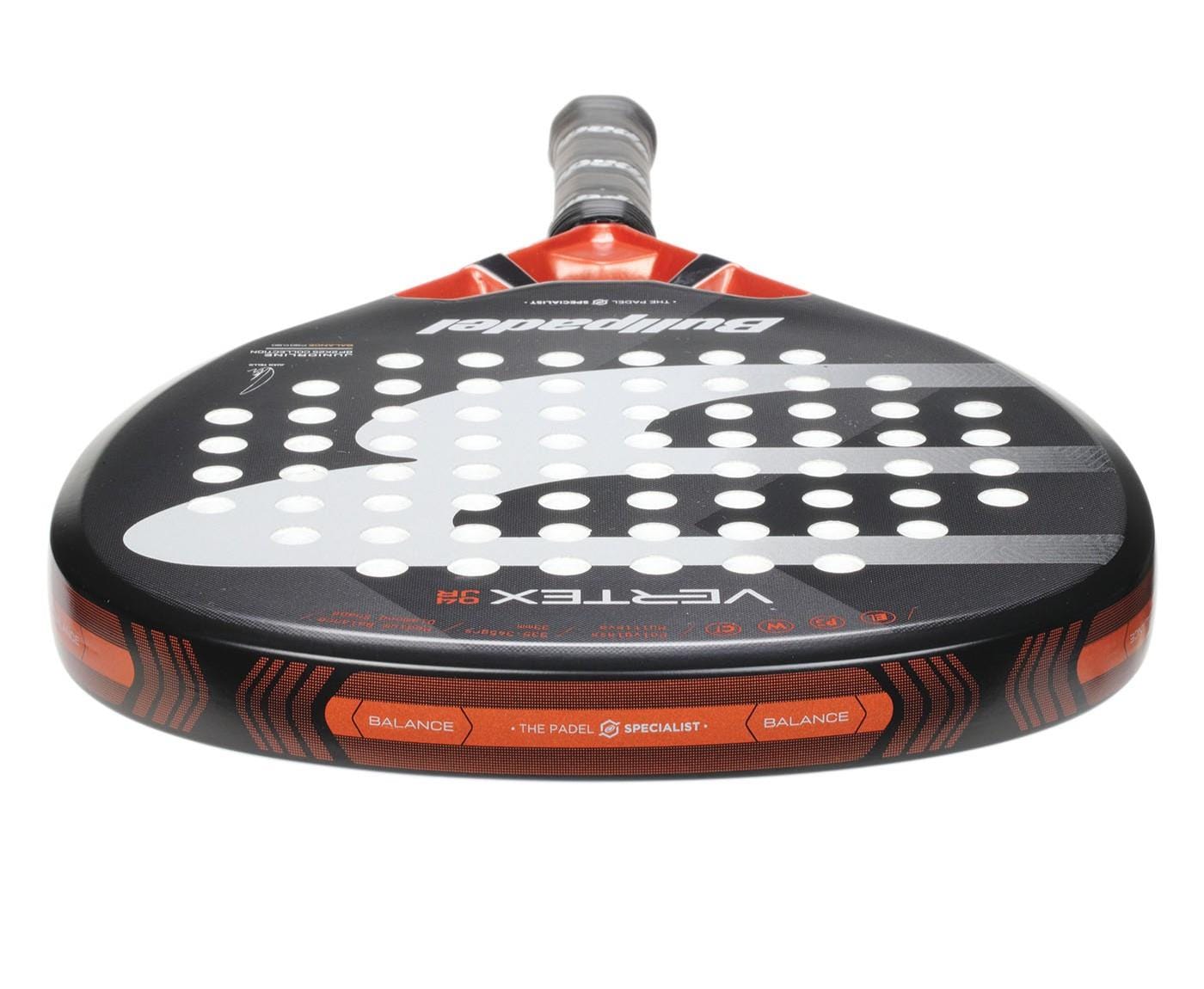 The Bullpadel Vertex Junior 25 Padel Racket, in black and red with a diamond-shaped head, white round holes, and “Bullpadel” plus “Vertex 3.0” on the face, features a light grip—ideal for junior players.
