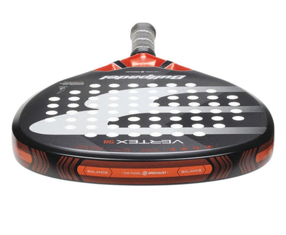 The Bullpadel Vertex Junior 25 Padel Racket, in black and red with a diamond-shaped head, white round holes, and “Bullpadel” plus “Vertex 3.0” on the face, features a light grip—ideal for junior players.