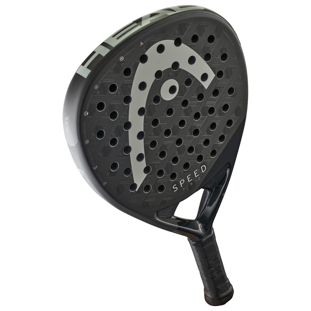 The HEAD Speed Pro 2025 Padel Racket by HEAD features a black, teardrop-shaped design with a perforated face, Power Foam for extra power, a large white Head logo, "SPEED" near the handle, and a textured grip.