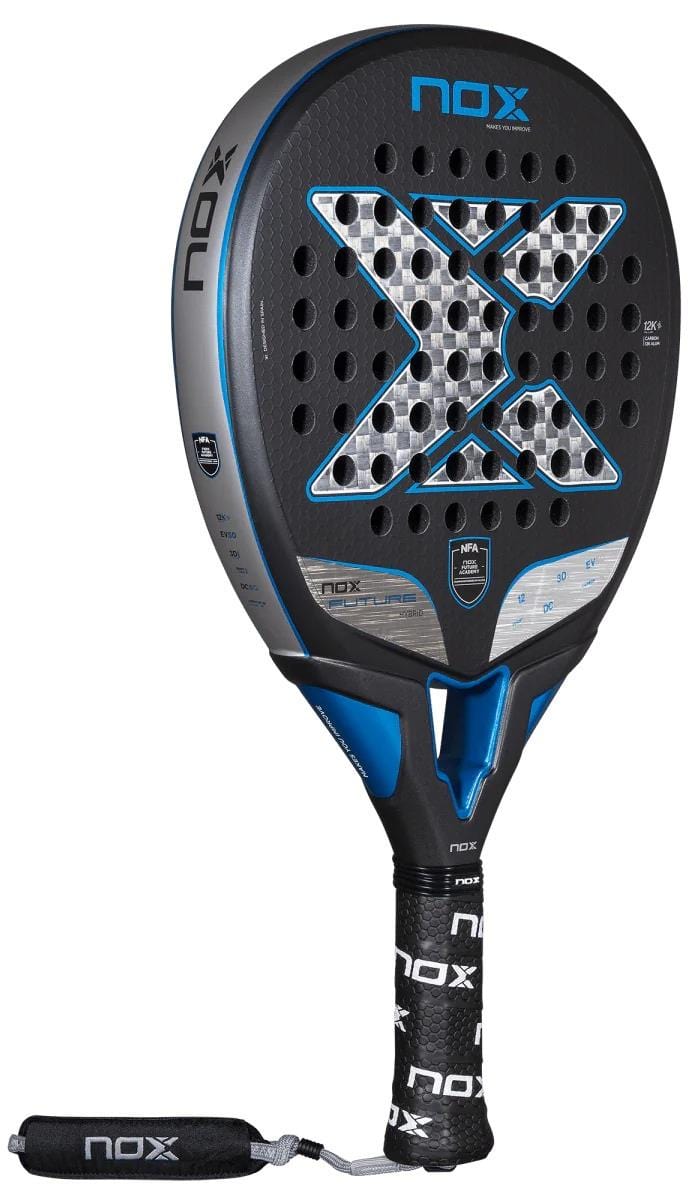 The NOX NFA Future Hybrid 12K Alum Padel Racket features a black, blue, and silver design with a large "X," perforated holes, and a black grip with wrist strap—ideal for players seeking versatile performance.