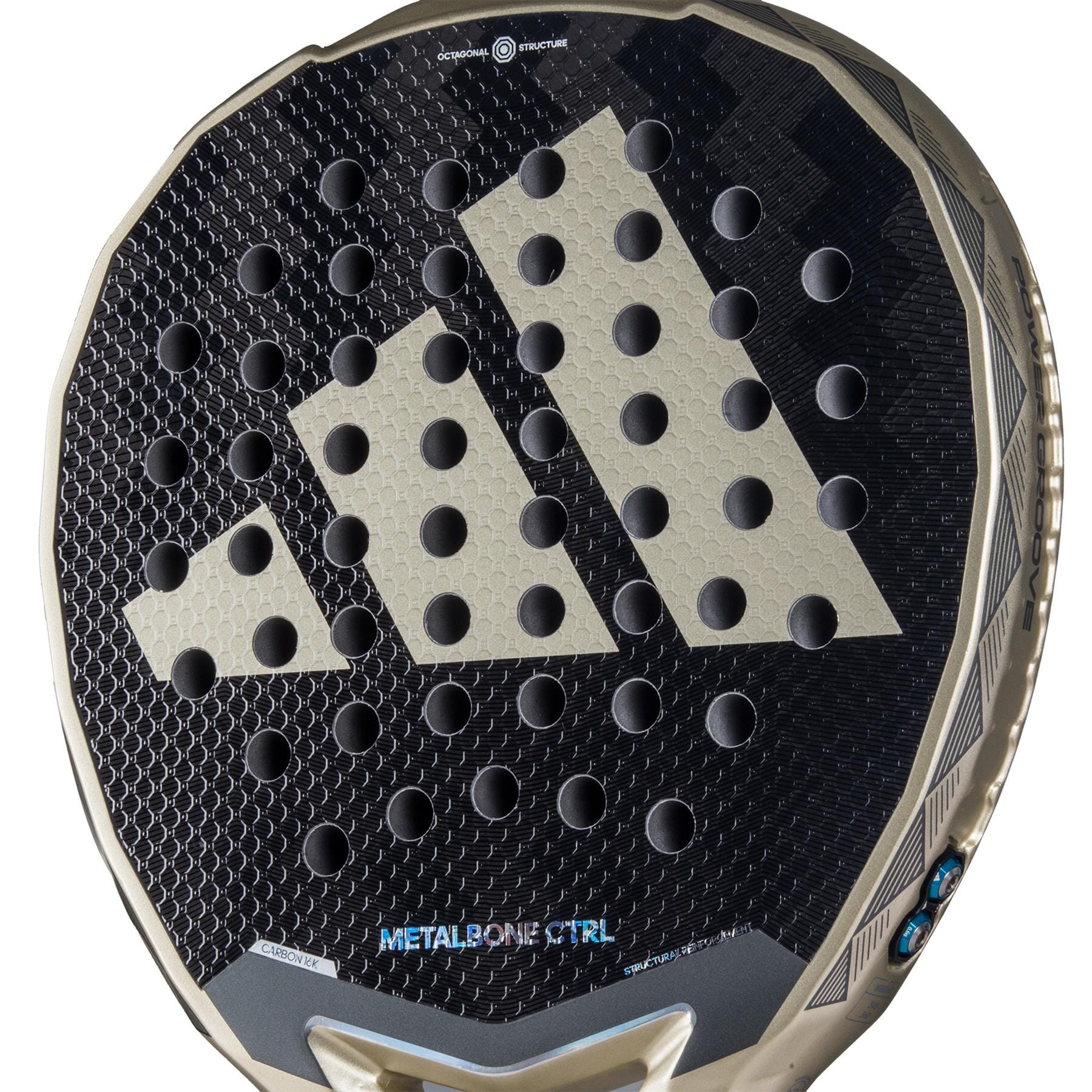 Close-up of the adidas Metalbone CTRL 3.4 padel racket in black and gold, featuring a textured surface, large adidas logo, round perforations, "METALBONE CTRL" text, and an adjustable Weight and Balance System for personalized play.