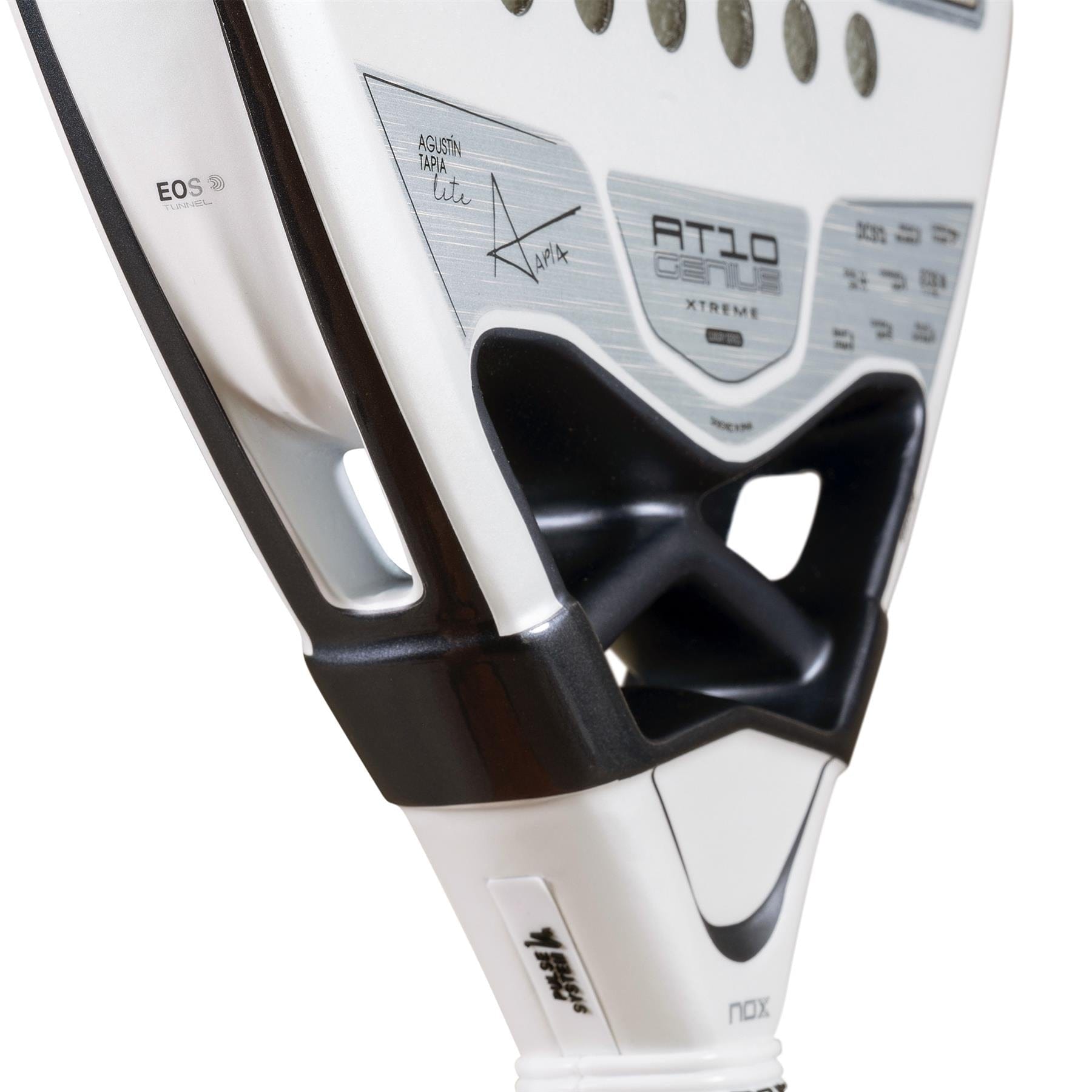 Close-up of the throat area of the NOX AT10 Genius 12K Alum Extrem Lite By Agustín Tapia 2026 Padel Racket, displaying signatures, Weight Balance system, model name, and detailed design.