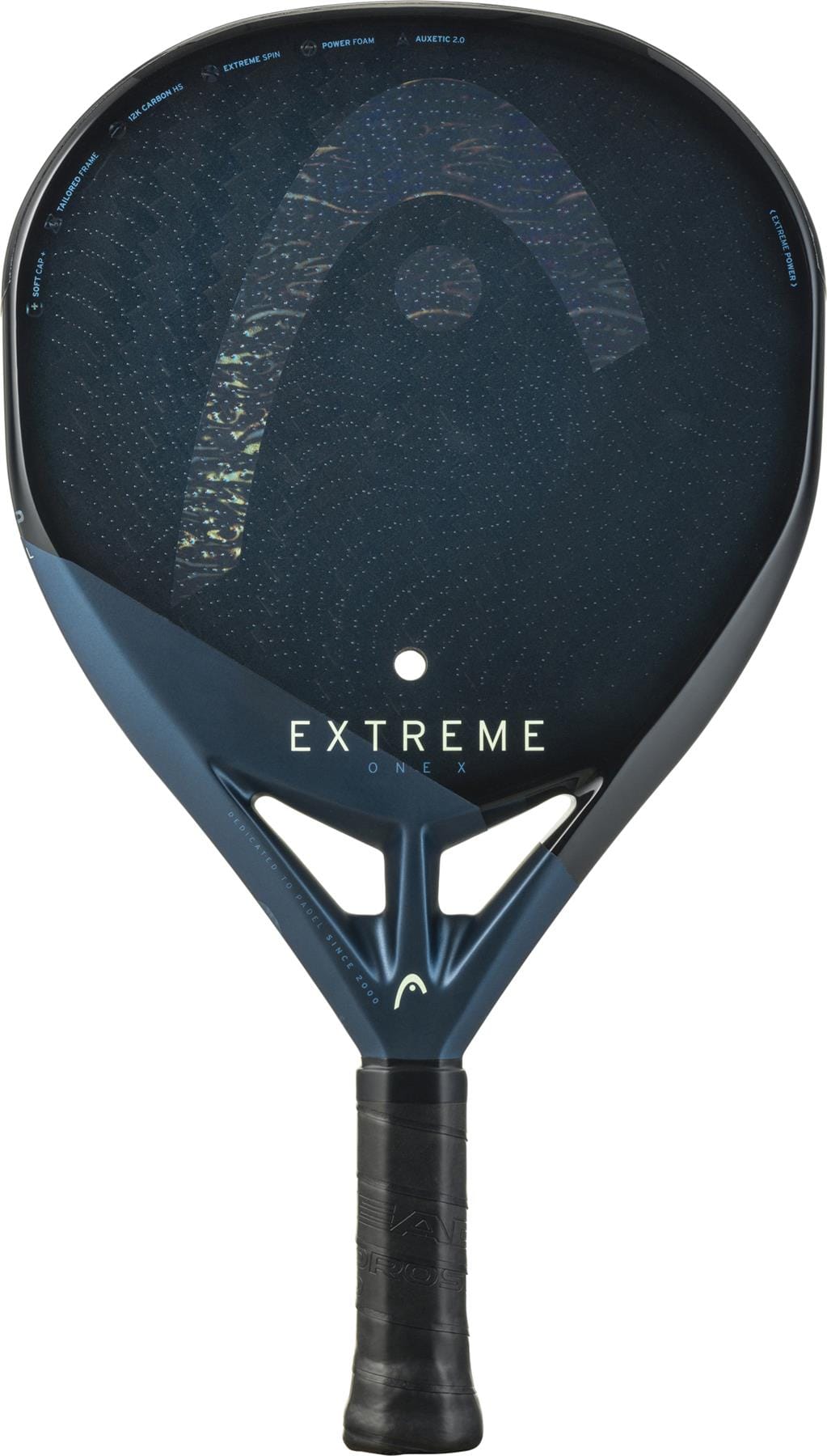 The HEAD Extreme One X 2025 Padel Racket by HEAD features a black and dark blue design, round perforated 12K Carbon Fibre surface, "EXTREME" in white near the handle, Power Foam core, and black grip tape for control.