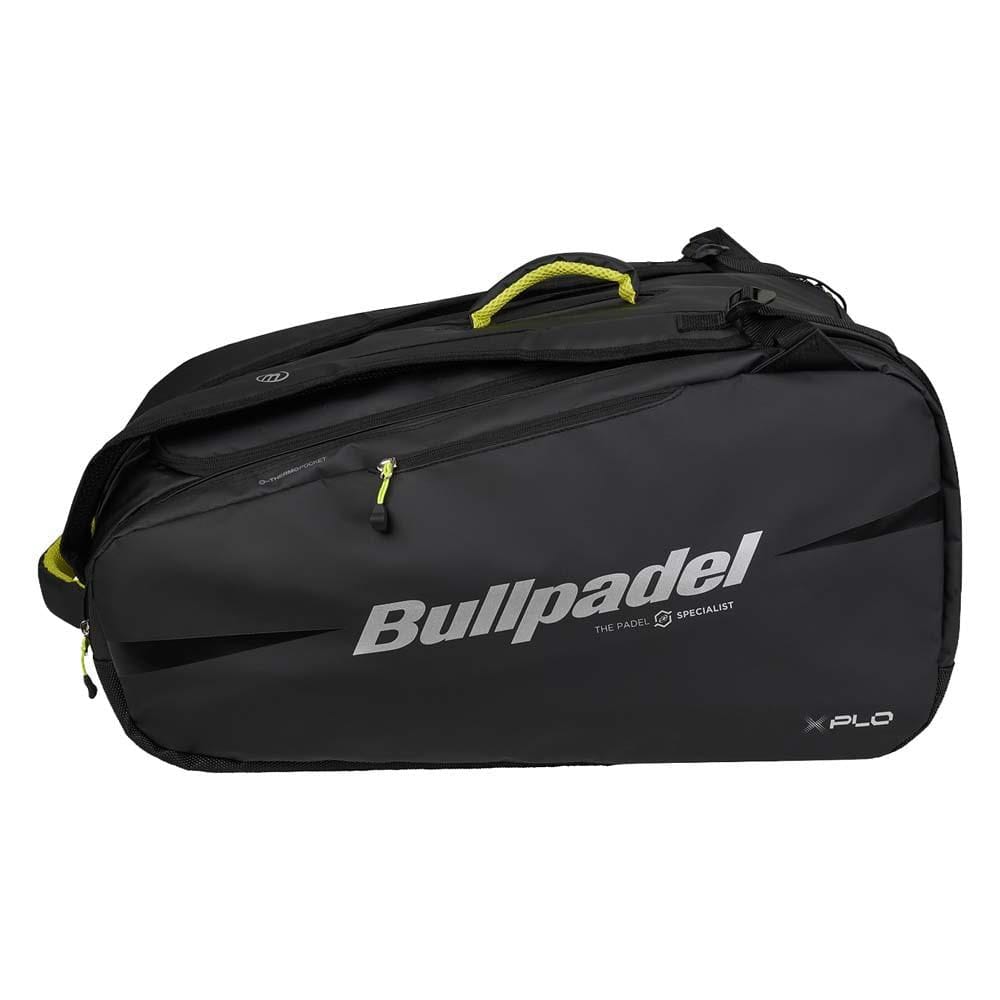 The Bullpadel BPP26022 XPLO Padel Racket Bag in black features a shoulder strap, side pocket, zipper, and white "Bullpadel" and "XPLO" text on the side—endorsed by Martín Di Nenno.