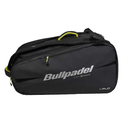 The Bullpadel BPP26022 XPLO Padel Racket Bag in black features a shoulder strap, side pocket, zipper, and white "Bullpadel" and "XPLO" text on the side—endorsed by Martín Di Nenno.