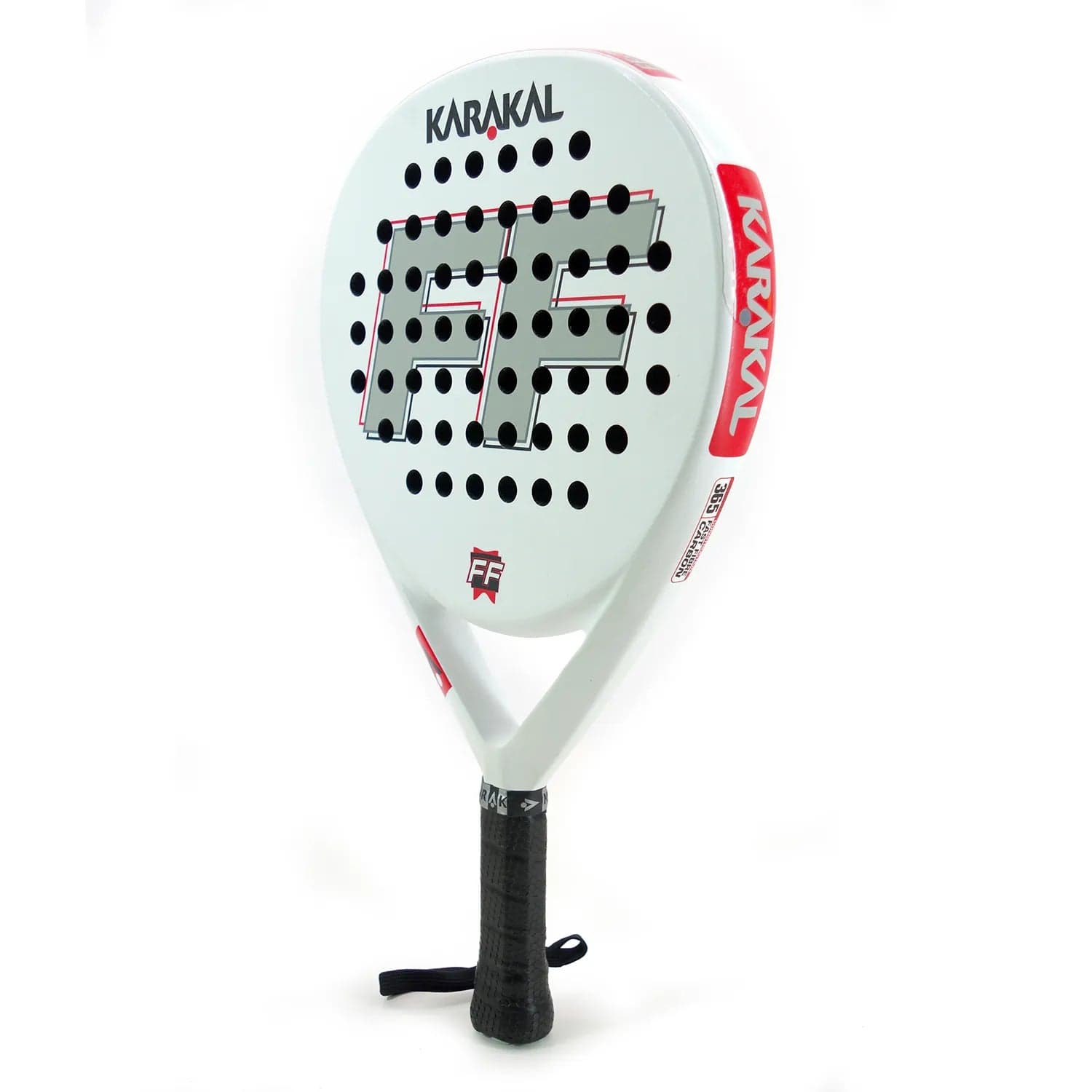 The Karakal FF 365 Padel Racket features a white face with black and red accents, perforated for spin and control. "FF" letters decorate the face, and the handle includes a wrist strap—ideal for intermediate players.