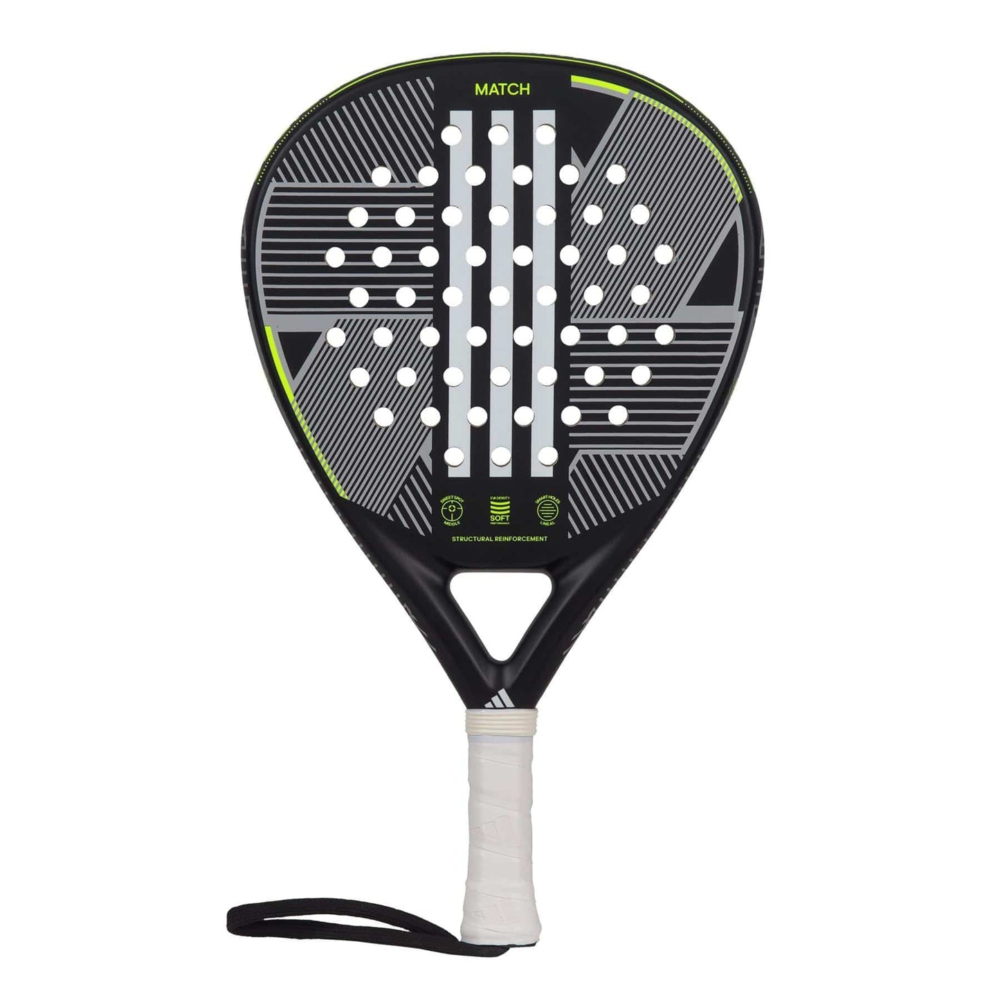 The adidas Match 3.3 Black/Lime Padel Racket features a teardrop shape, black and gray design with white dots, green-yellow accents, geometric face patterns, white grip, and black wrist strap—perfect for padel beginners.