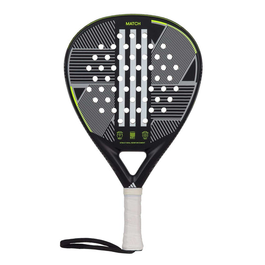The adidas Match 3.3 Black/Lime Padel Racket features a teardrop shape, black and gray design with white dots, green-yellow accents, geometric face patterns, white grip, and black wrist strap—perfect for padel beginners.