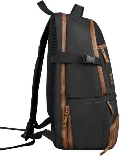 The NOX Luxury Open Series Padel Backpack in black with brown accents features multiple compartments and adjustable shoulder straps, shown from the side.