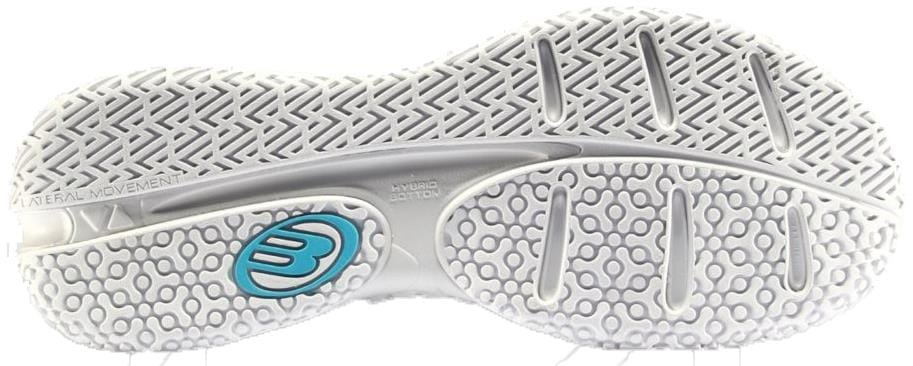 Close-up of Bullpadel Ionic W 26V Womens Padel Shoes - White sole shows a textured grip, blue circular logo, and labeled zones for lateral movement and hybrid cushioning—ideal court shoes by Bullpadel for women.