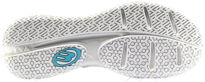 Close-up of Bullpadel Ionic W 26V Womens Padel Shoes - White sole shows a textured grip, blue circular logo, and labeled zones for lateral movement and hybrid cushioning—ideal court shoes by Bullpadel for women.