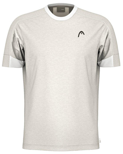 The HEAD Play Tech Men's Padel T-Shirt in white/grey is a light athletic tee with short sleeves and white accents on the shoulders and sleeves. It has breathable mesh inserts, Moisture Transfer Microfiber technology, and a small black logo on the left chest.
