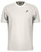 The HEAD Play Tech Men's Padel T-Shirt in white/grey is a light athletic tee with short sleeves and white accents on the shoulders and sleeves. It has breathable mesh inserts, Moisture Transfer Microfiber technology, and a small black logo on the left chest.