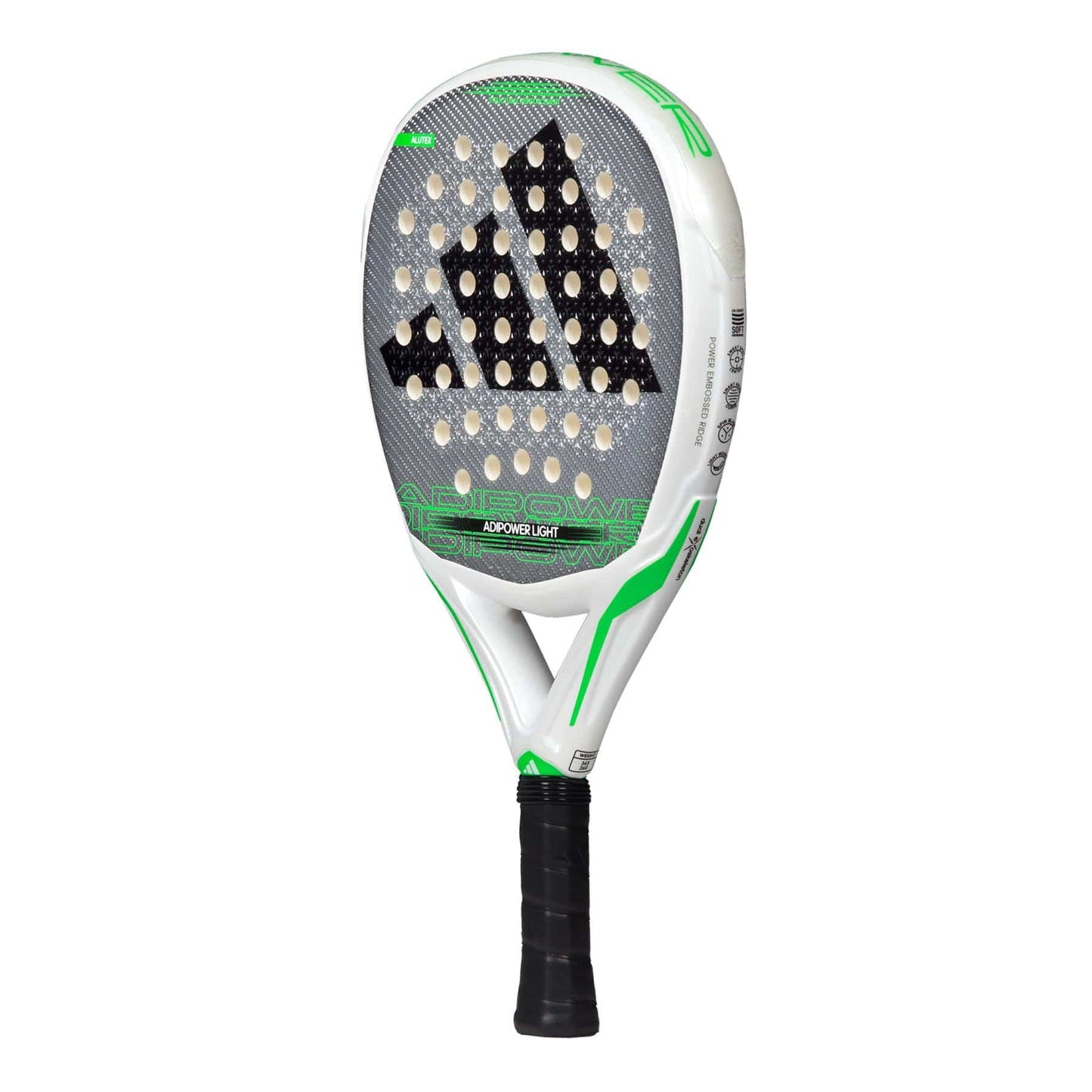 The adidas Adipower Light 3.3 Padel Racket is a lightweight white and green racket with a black adidas logo, black handle grip, and multiple perforated holes for enhanced control.